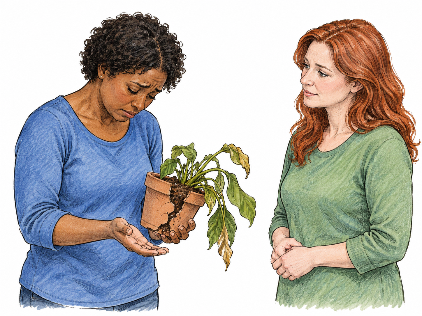 First woman with visibly regretful bowed head offers damaged potted plant and open apologetic palm to its owner, who listens calmly; clear remorse rather than anger, sparse scene.