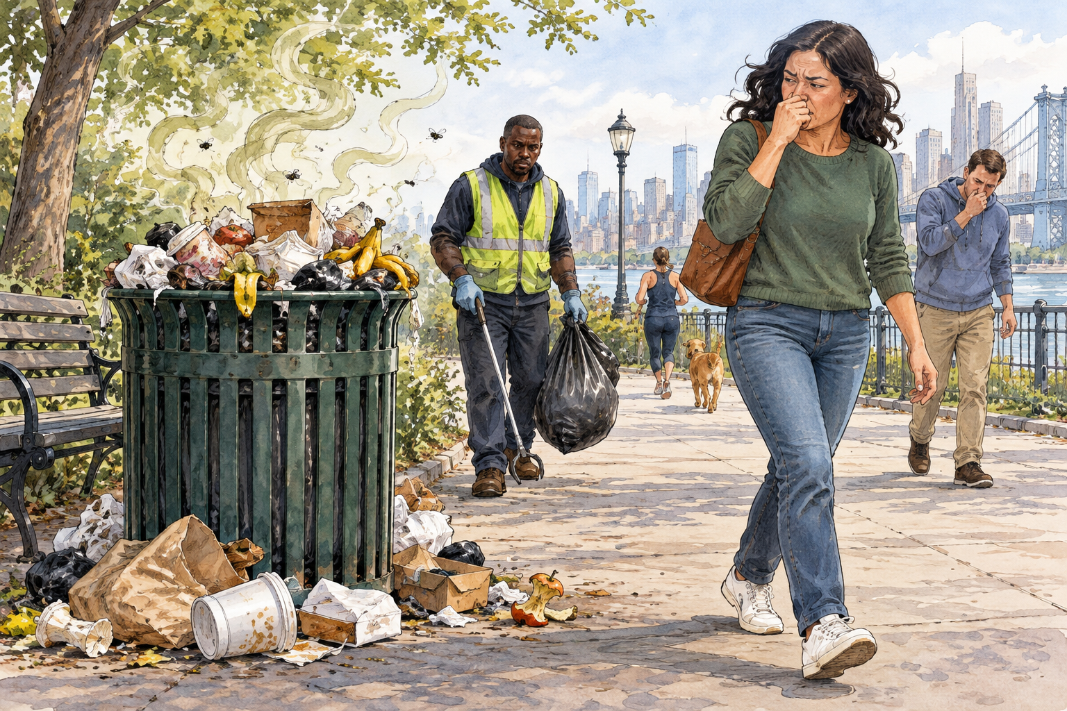 An overflowing trash bin emits a strong unpleasant odor, passerby covers nose and grimaces, no words.