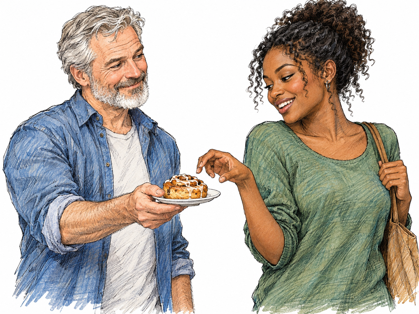 An older man offers a young woman a tempting sample of a freshly baked pastry; she turns toward the offered treat and reaches for it.