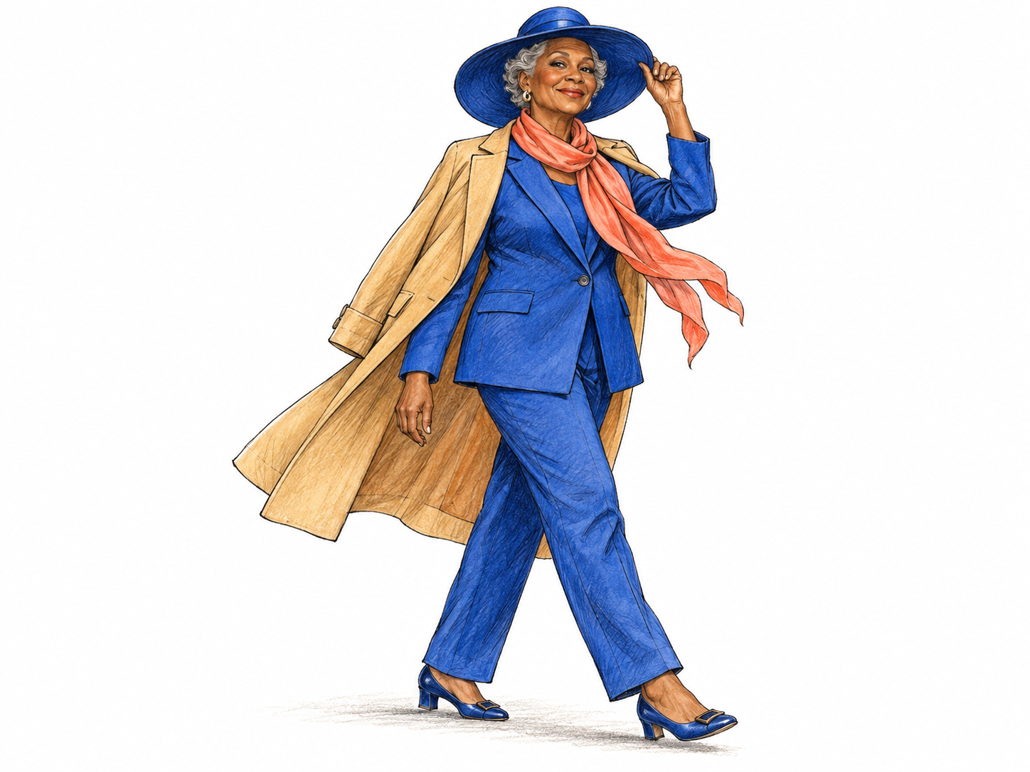 An elegantly dressed older woman executes a theatrical hat-tip with relaxed confidence, her flowing coat and bold outfit giving an ordinary stride conspicuous flair.