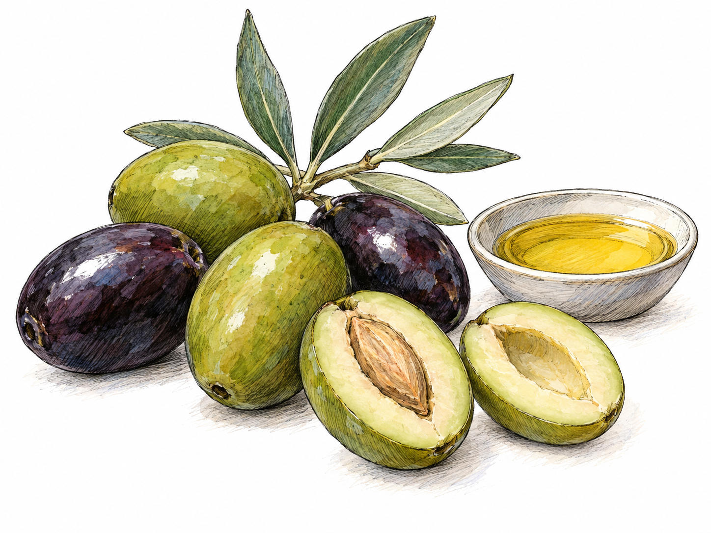 A close still life of green and purple-black olives, including one cut open to expose its single stone, beside a small dish of golden olive oil and a short olive twig.