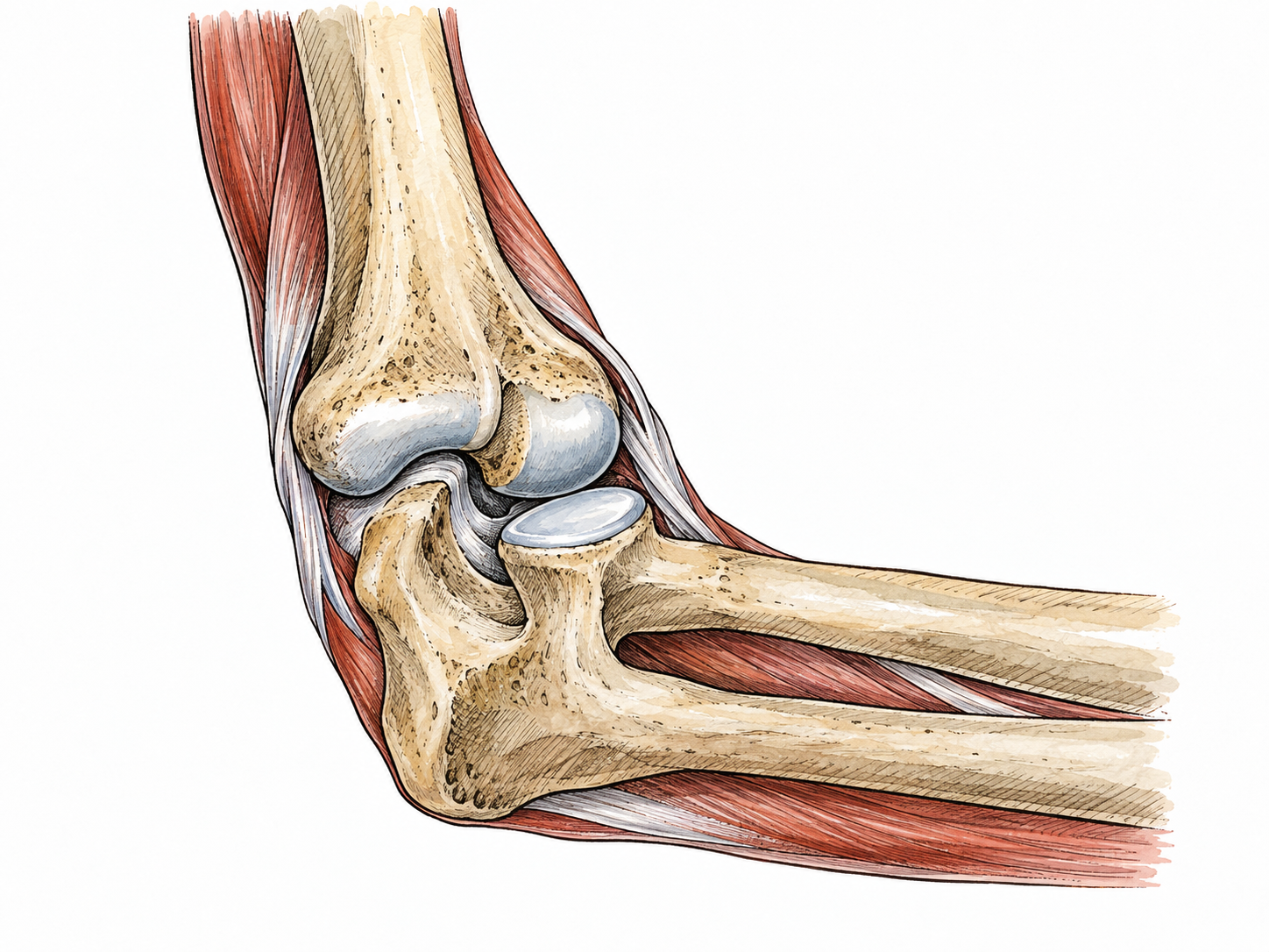 Accurate elbow joint cutaway showing humerus meeting radius and ulna.