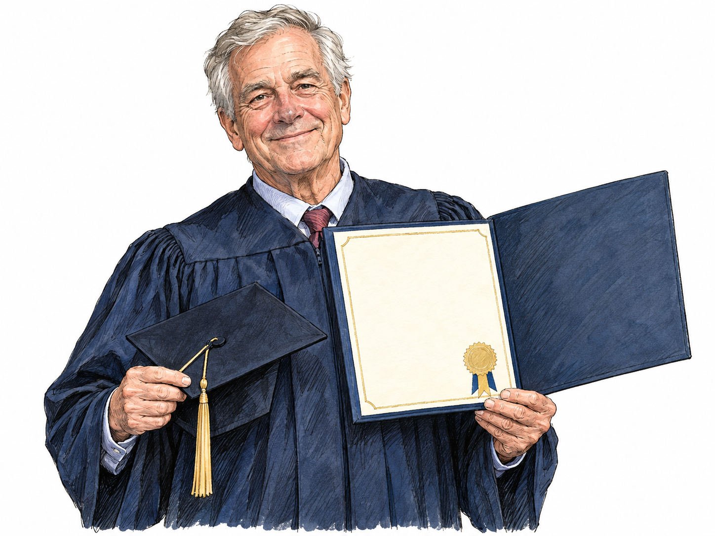 An older school graduate displaying his received diploma after graduation.