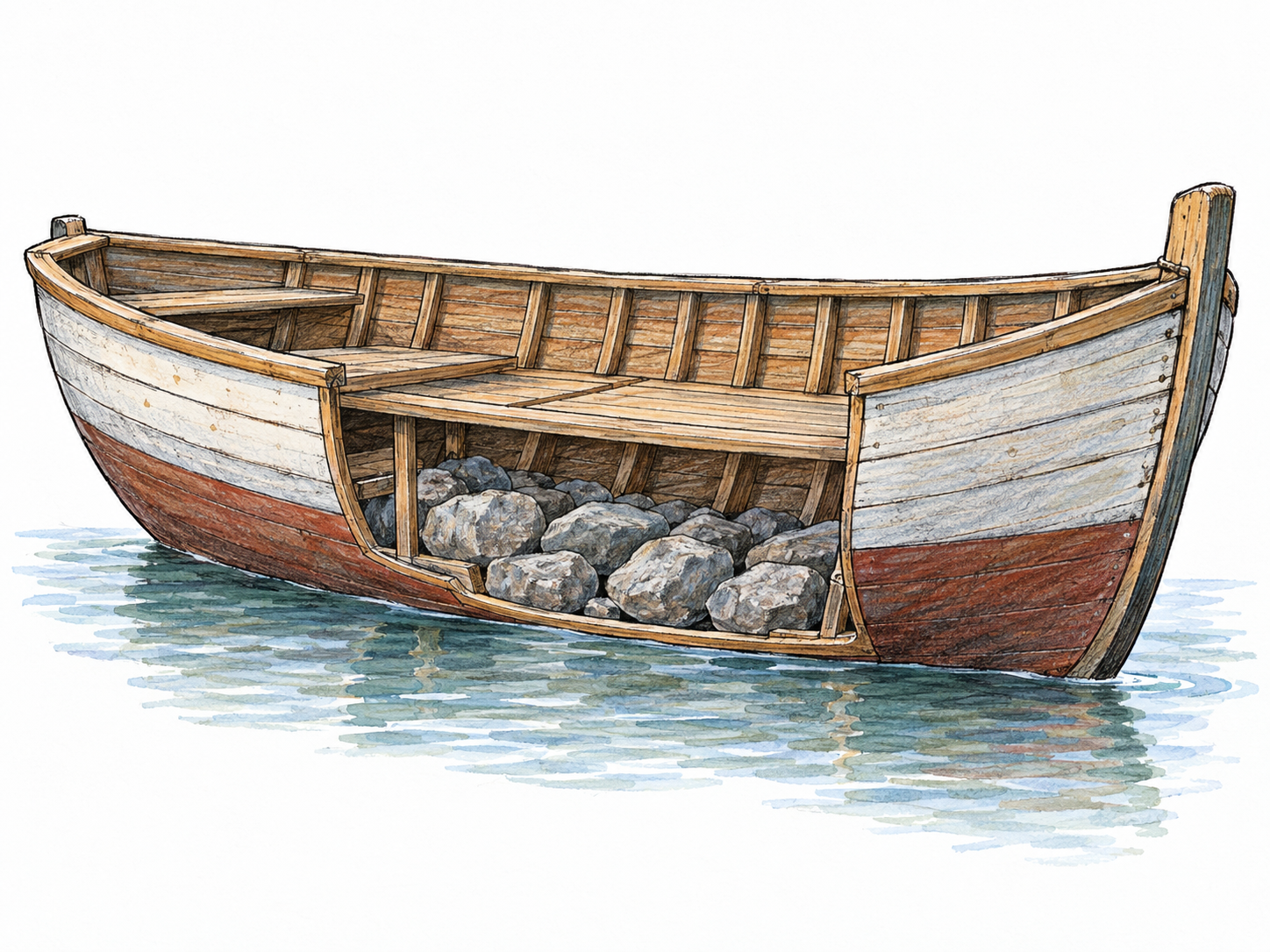 A simple cutaway of an upright boat floating on calm water reveals a substantial layer of heavy stones secured low in its hull as ballast.