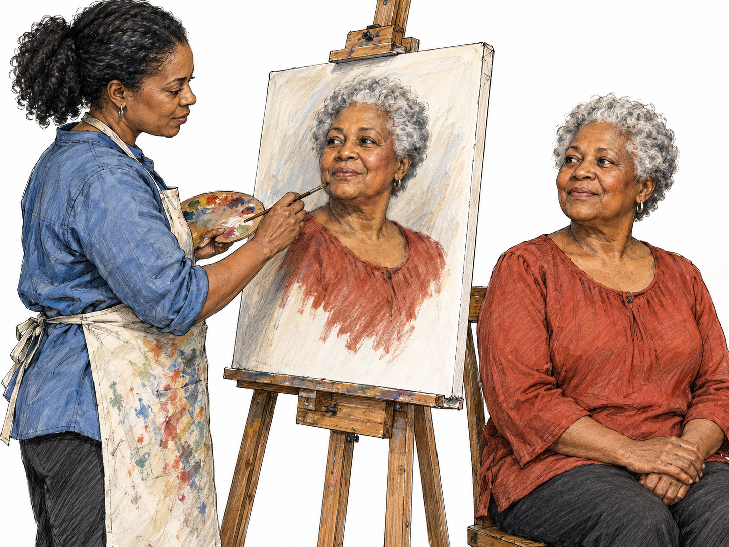 An artist paints a seated sitter’s recognizable likeness, with the living face and its painted portrait clearly visible together.