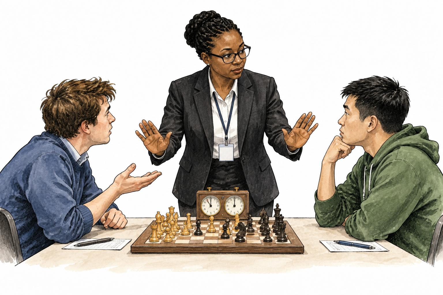 Black female chess arbiter calmly resolves a dispute between two players at chessboard.