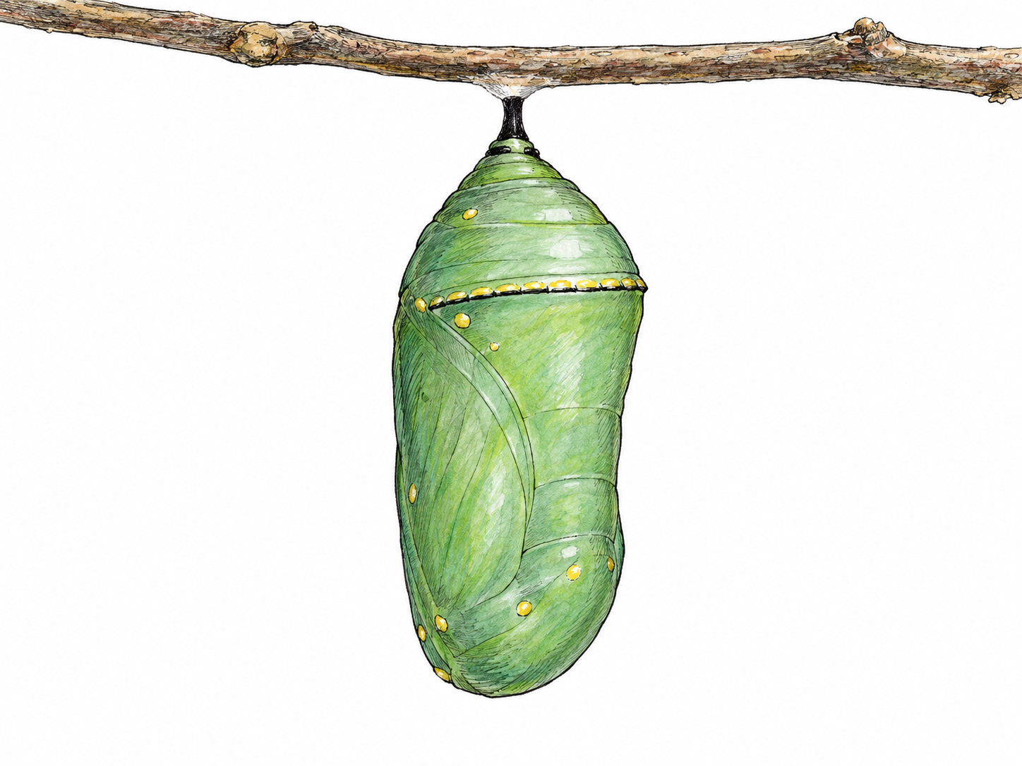 A close natural-history view of an intact monarch butterfly chrysalis hanging from a slender twig, with its characteristic jade-green shell, gold flecks, tapered attachment and rounded segmented body clearly visible.