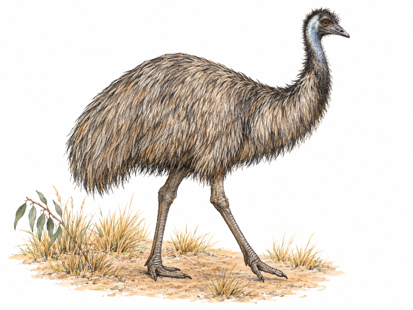 One adult emu in full-body three-quarter profile, walking across a sparse patch of Australian dry grassland.