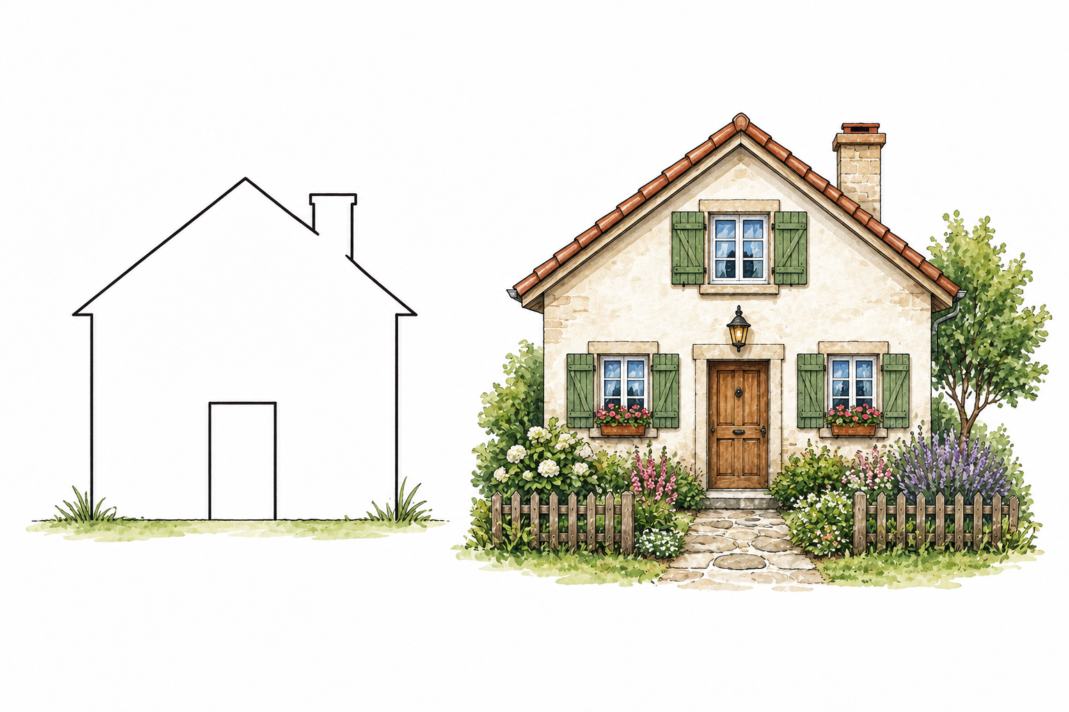 Two drawings side by side: simple house outline then same house with carefully added windows roofing and garden details.