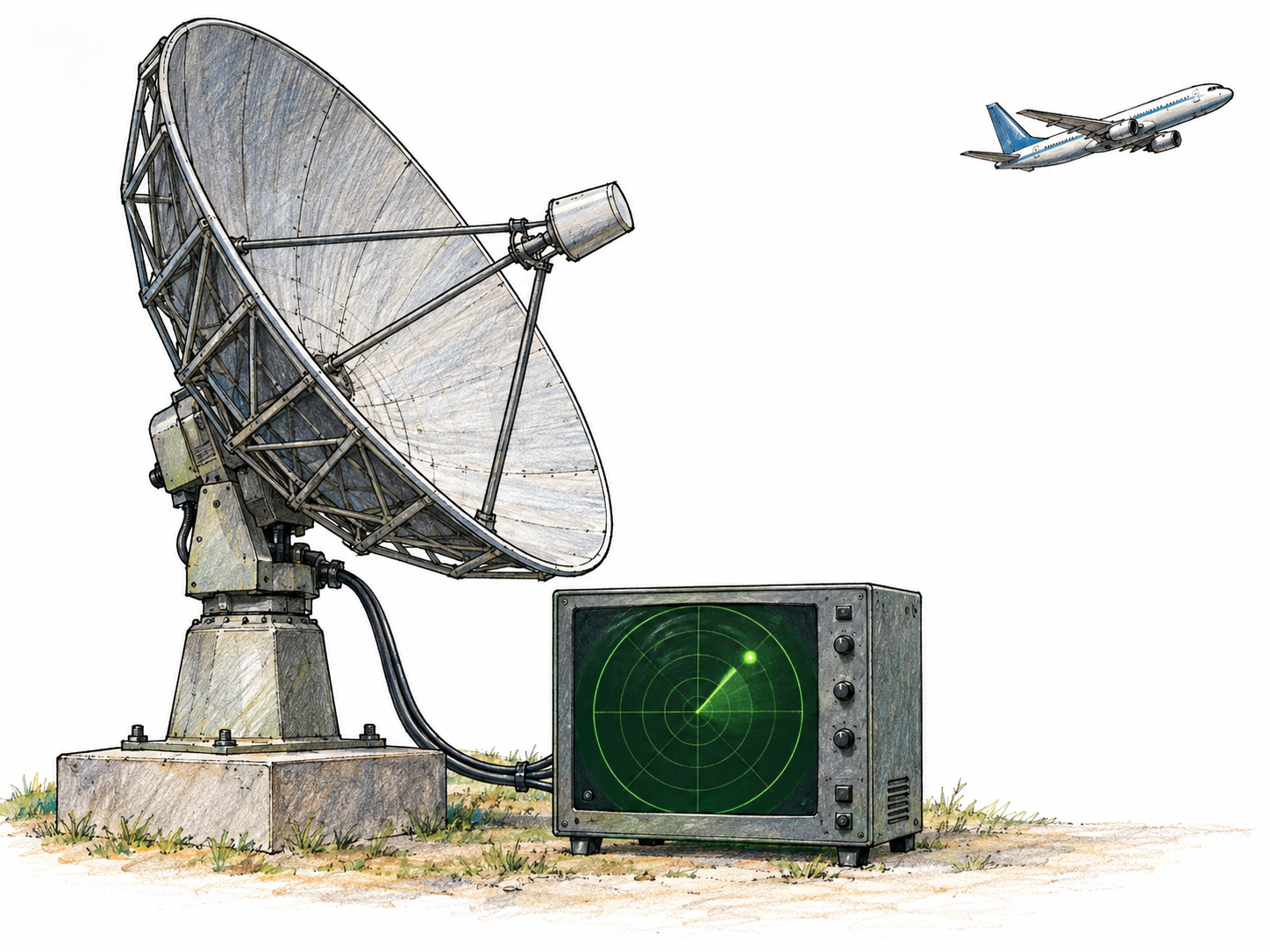 A radar installation with its directional antenna aimed toward a distant aircraft and a connected circular radar display showing a corresponding target blip.