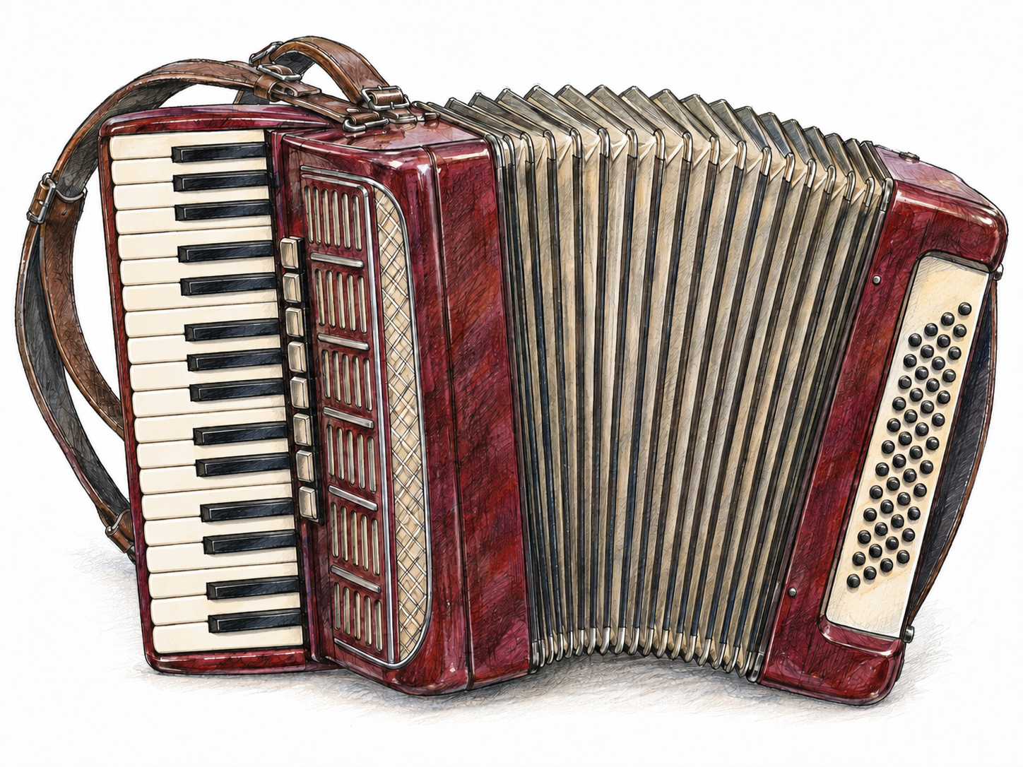 A single piano accordion in three-quarter view, its bellows partly extended so the piano keyboard, pleated bellows, bass buttons, and carrying straps are immediately recognizable.