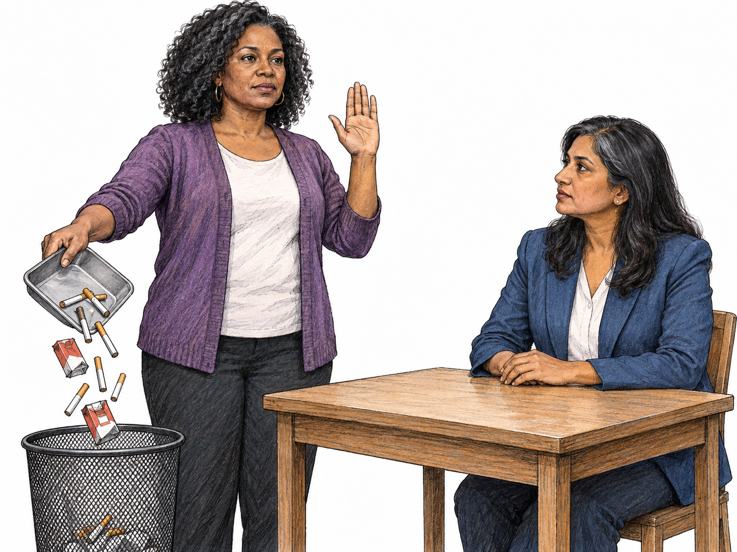 A solemn, witnessed renunciation of smoking: a woman raises her right hand in an oath gesture while emptying her cigarettes into a wastebasket, rather than merely declining an offered cigarette.