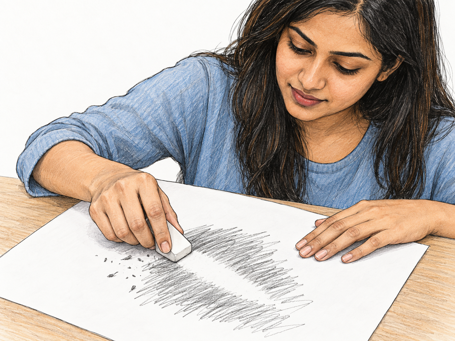 A woman rubs a block eraser across graphite marks on a sheet of paper, leaving a clearly clean strip through the marks with eraser crumbs beside it.