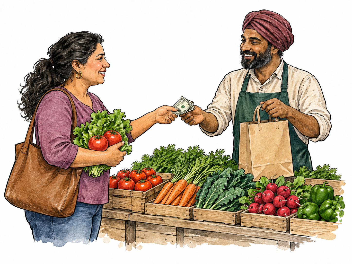 An adult shopper chooses vegetables and pays a vendor at a small produce stall, clear buyer role, blank bags and unlettered stall.
