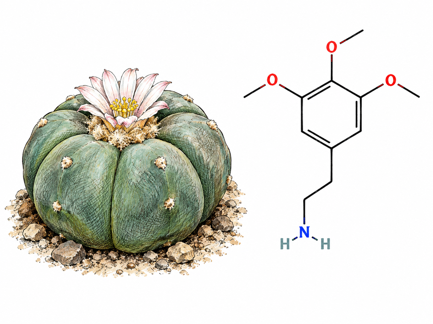 A botanically accurate small spineless peyote cactus sits beside the accurate skeletal chemical structure of mescaline from the reference: benzene with three adjacent methoxy substituents at3,4,5 and a two-carbon primary amino side chain at1.