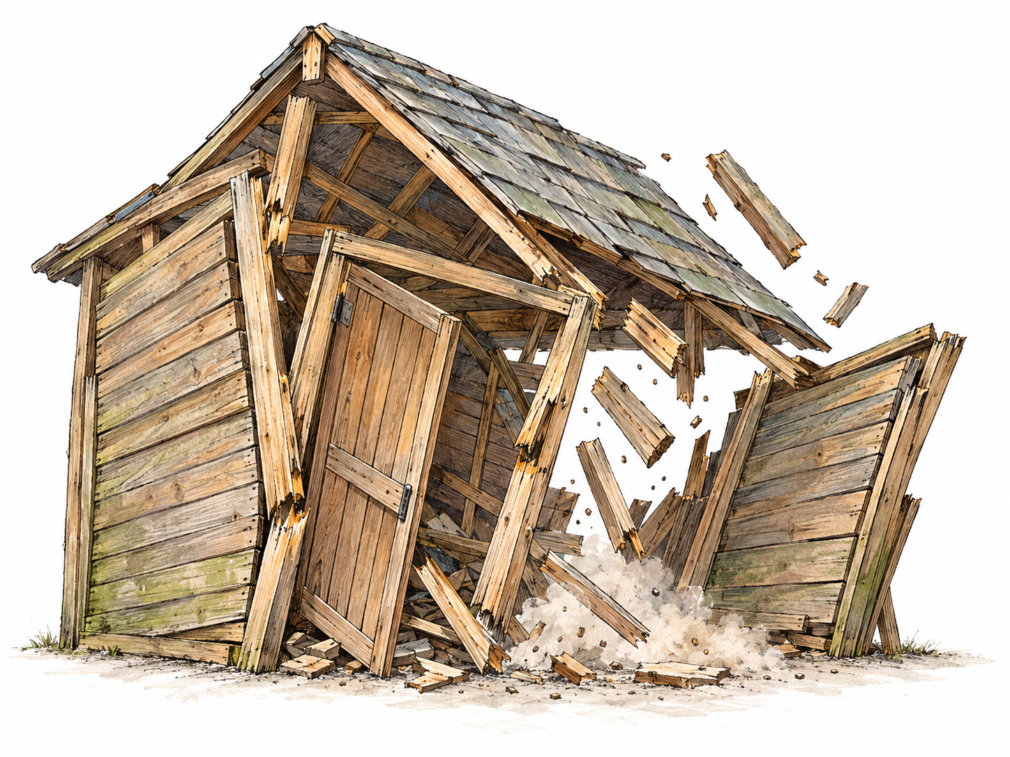 A small wooden shed caught mid-collapse: its broken supports buckle outward while the roof drops into the folding walls, with falling boards and a small puff of dust making the sudden downward movement visible.