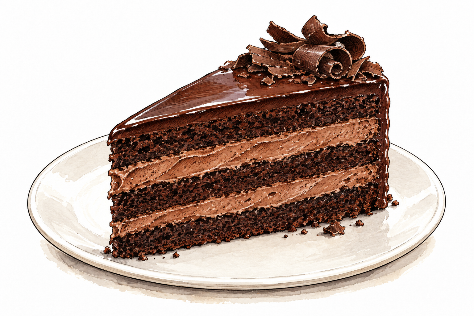 Rich layered chocolate torte slice showing dense cake and cream layers, plain plate.