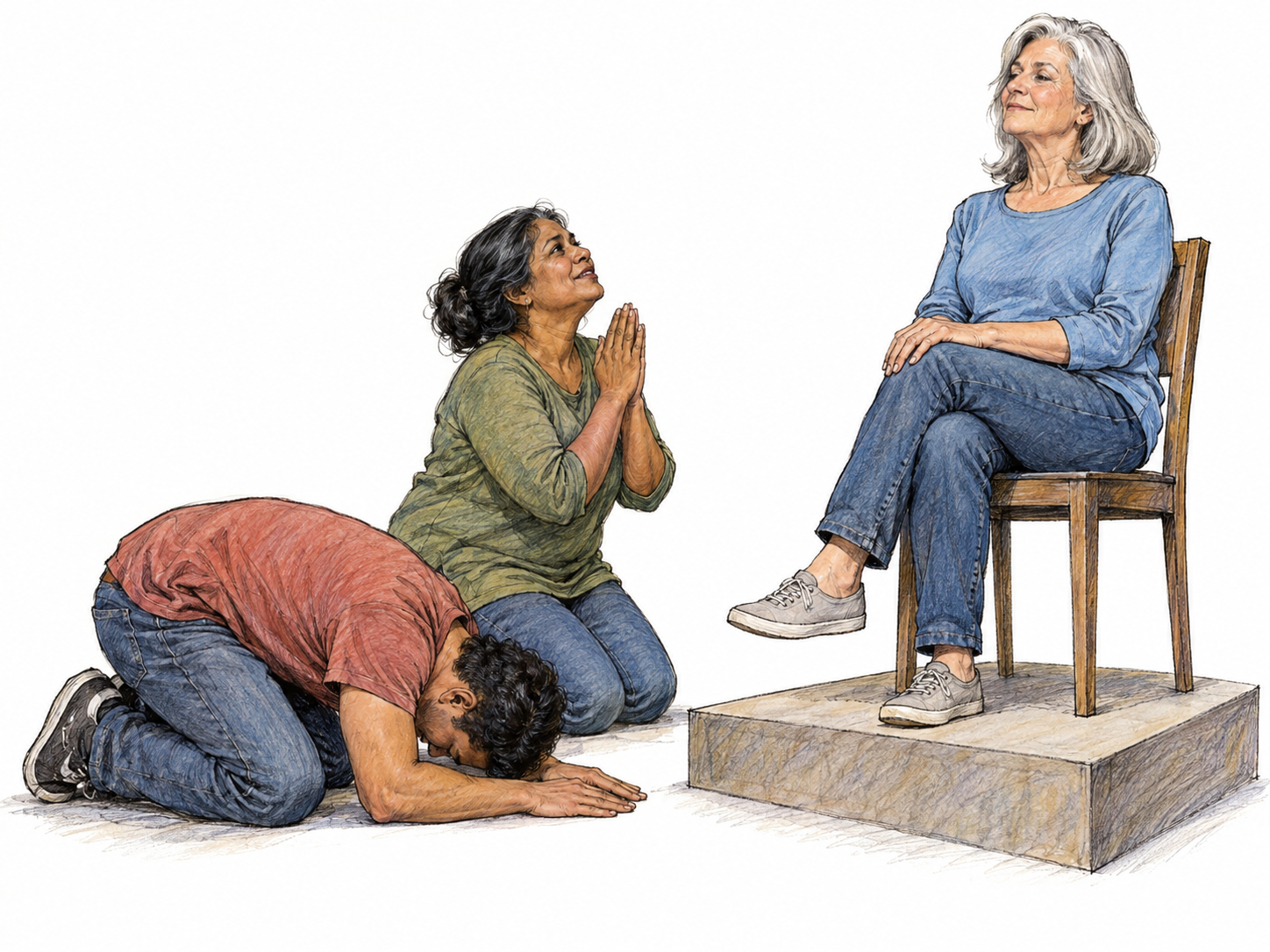 Two members of a fictional modern social group kneel in exaggerated reverence before their seated leader, illustrating extreme devotion to a person rather than identifying any real religion or community.