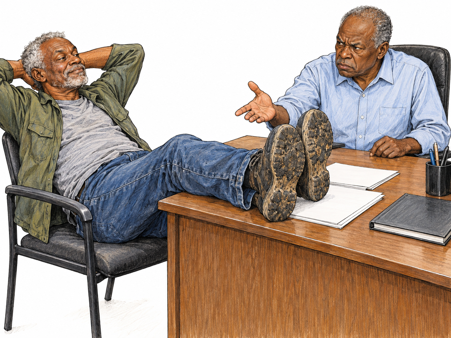 A brazen visitor lounges with dirty shoes planted on another man's orderly desk, smirking at the desk owner's visibly offended objection.