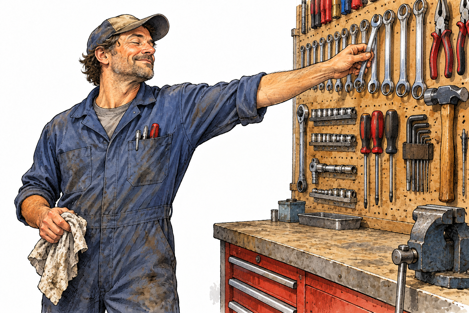 Experienced mechanic effortlessly finds correct tool on familiar organized wall without looking closely, practiced knowledge, no labels.