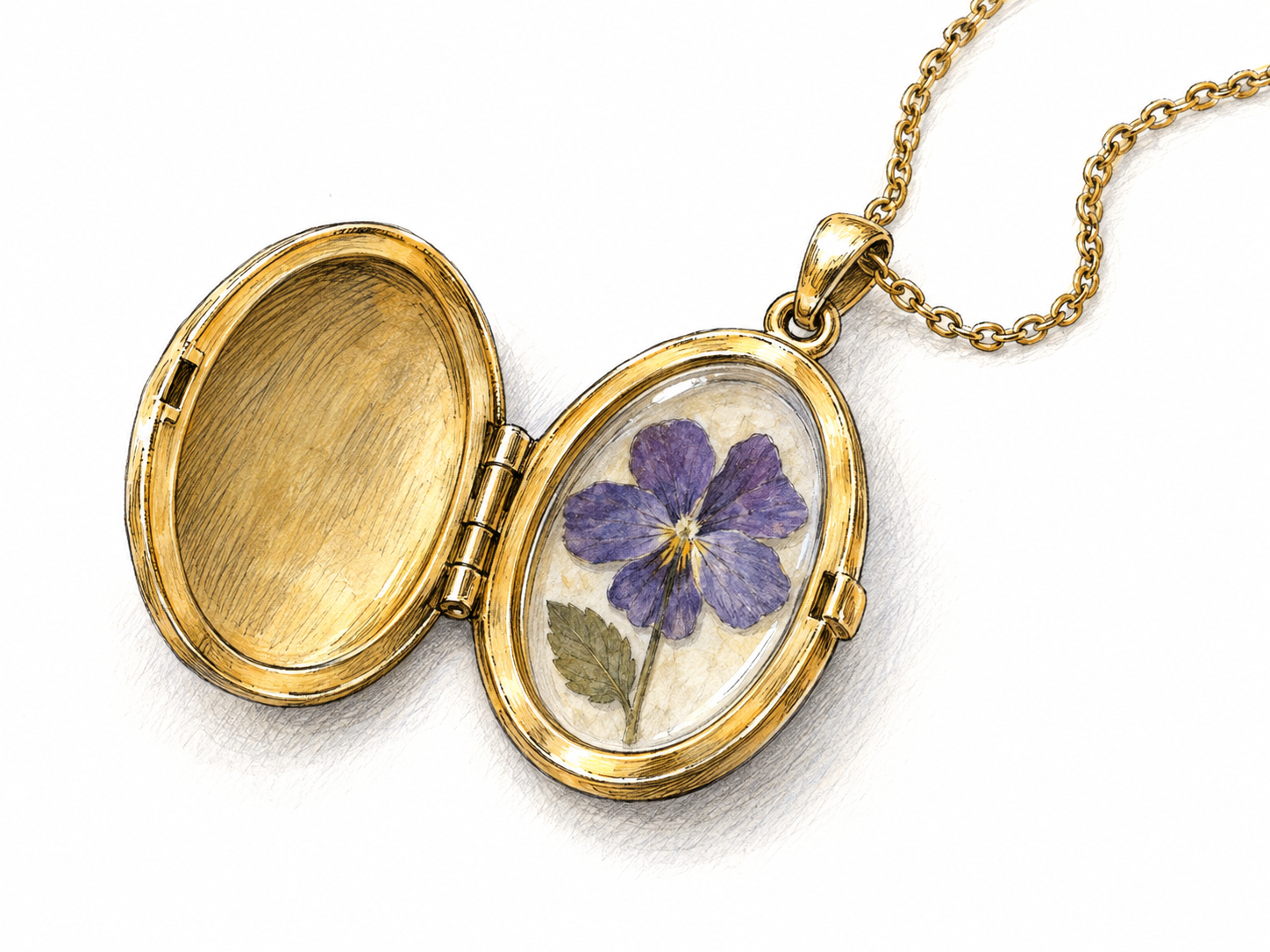 An open oval gold locket on a fine chain, with its hinge and clasp clearly visible and a small pressed flower held inside one recessed half.