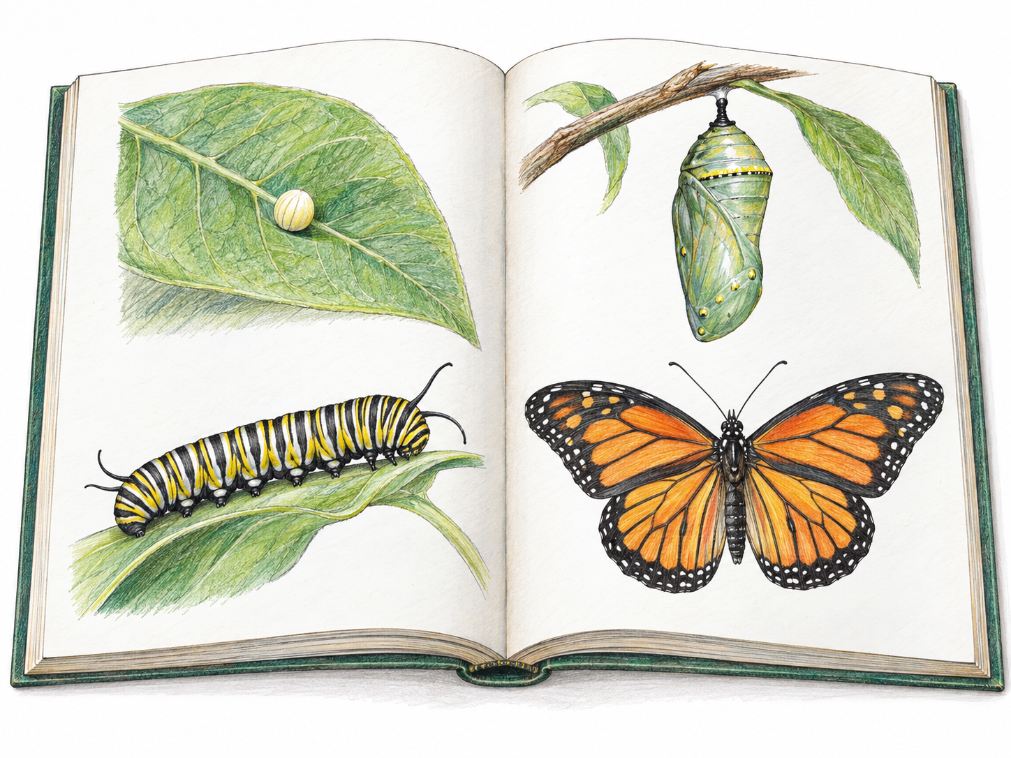 An open illustrated nature book displays its informational content: clearly printed pictures of a butterfly’s egg, caterpillar, chrysalis, and adult butterfly across the pages.