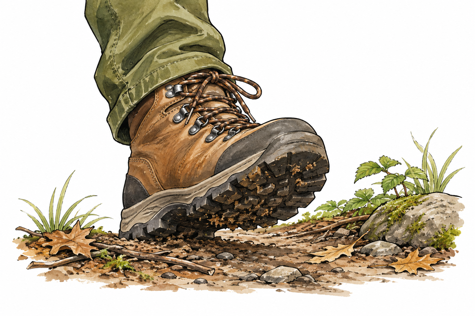 Close-up of a boot stepping firmly onto a woodland path, visible sole and foot placement.