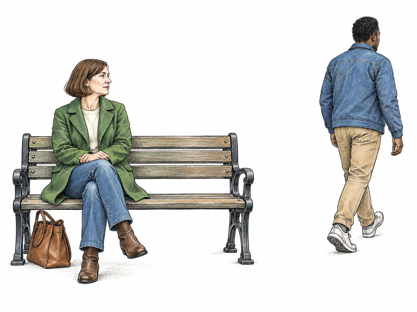Woman remains seated on park bench while man walks away into white empty margin; woman firmly settled with bag beside feet, no sequence panels or text.