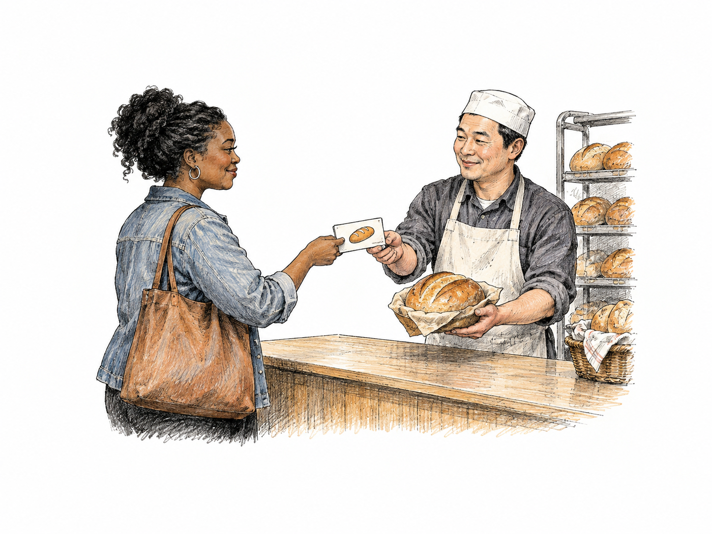 At a modern counter a customer hands over a simple coupon bearing only one bread pictogram and receives a loaf, a clear exchange of voucher for benefit.