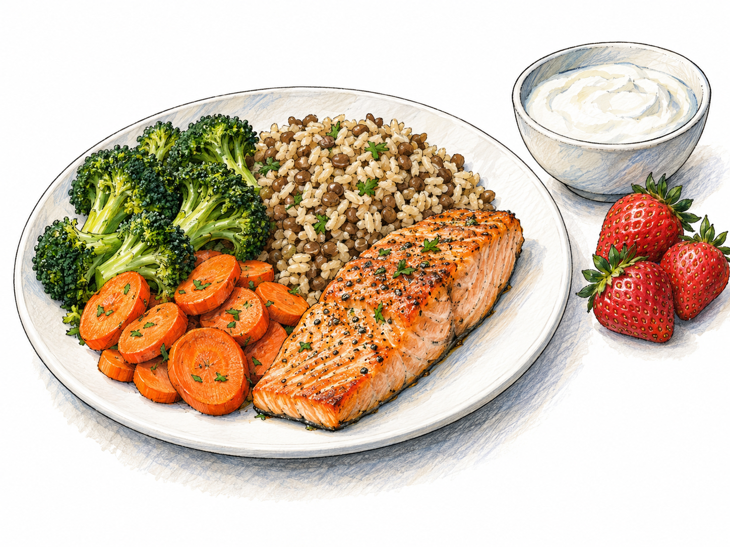 An appetizing balanced meal of salmon, lentils, brown rice and colorful vegetables, with plain yogurt and fresh fruit alongside, makes nourishing food the clear subject.