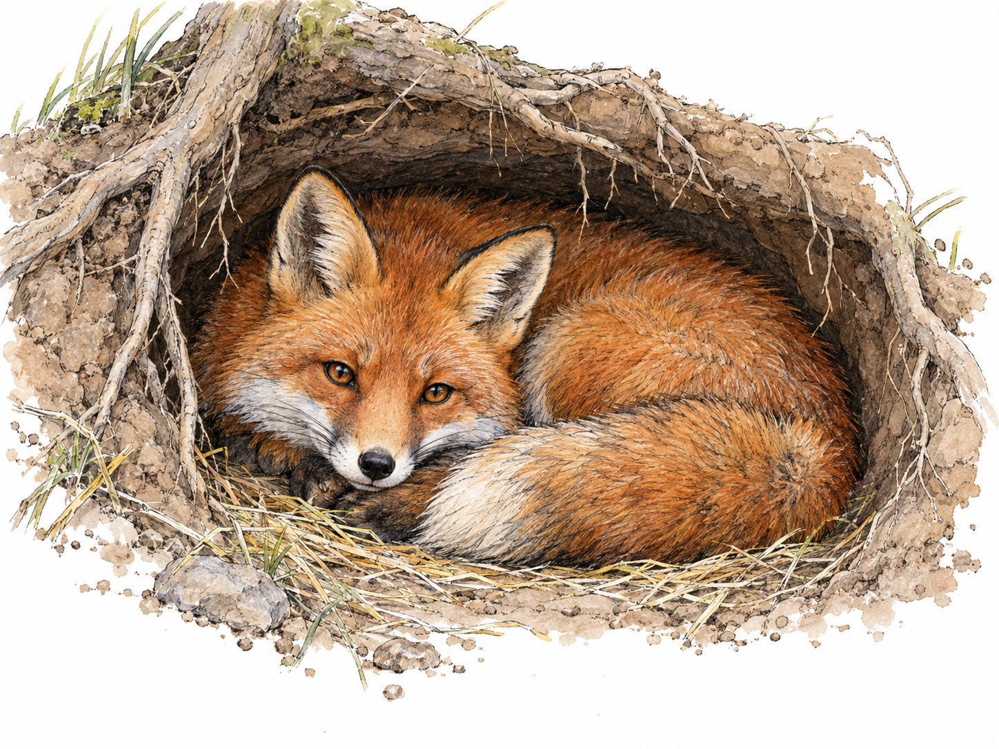 A red fox resting inside a sheltered earthen den beneath exposed tree roots, with its curled body visible through the entrance.