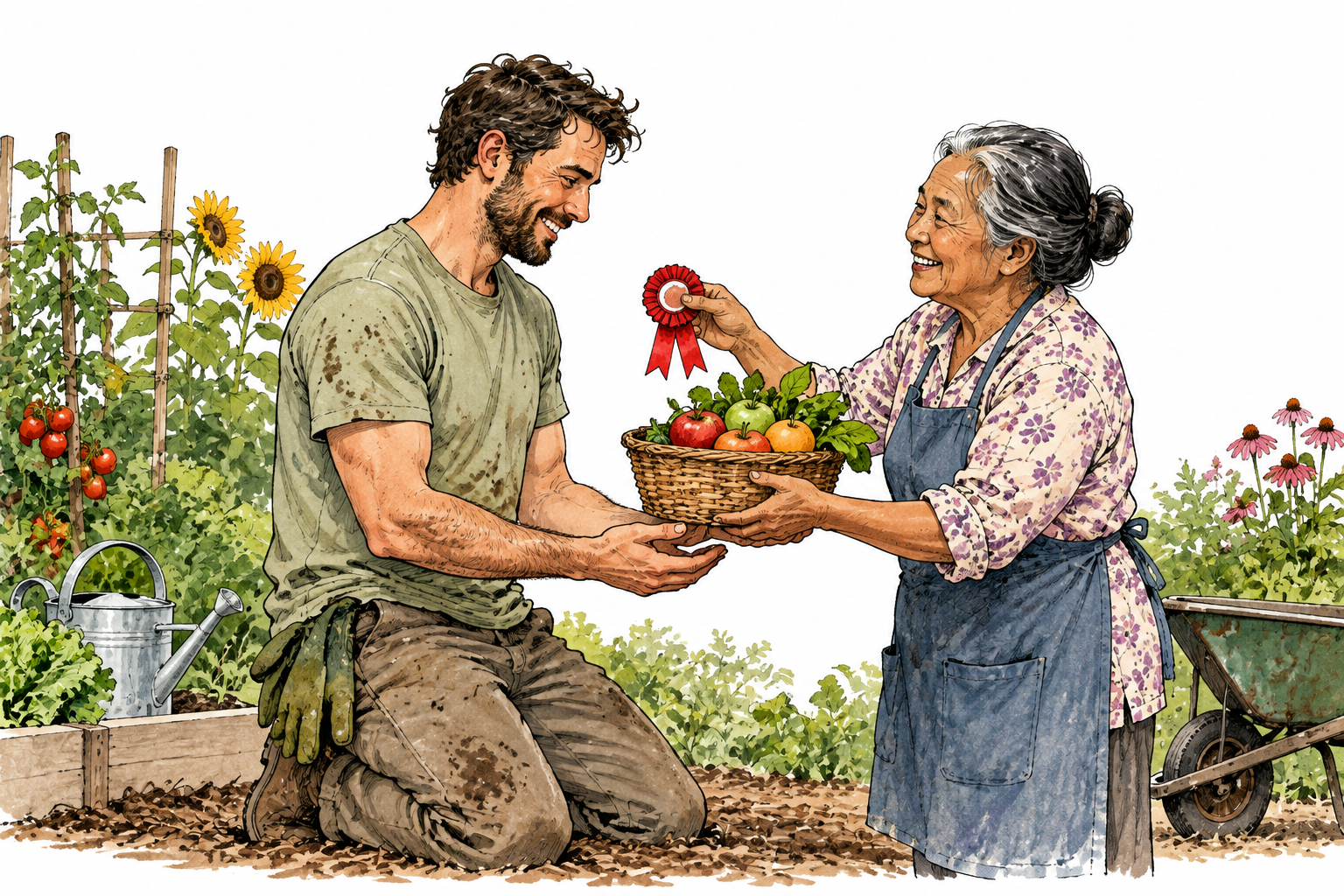 A volunteer being given a small ribbon and basket of fruit by a grateful community member after work in a garden, reward clearly offered, no lettering.