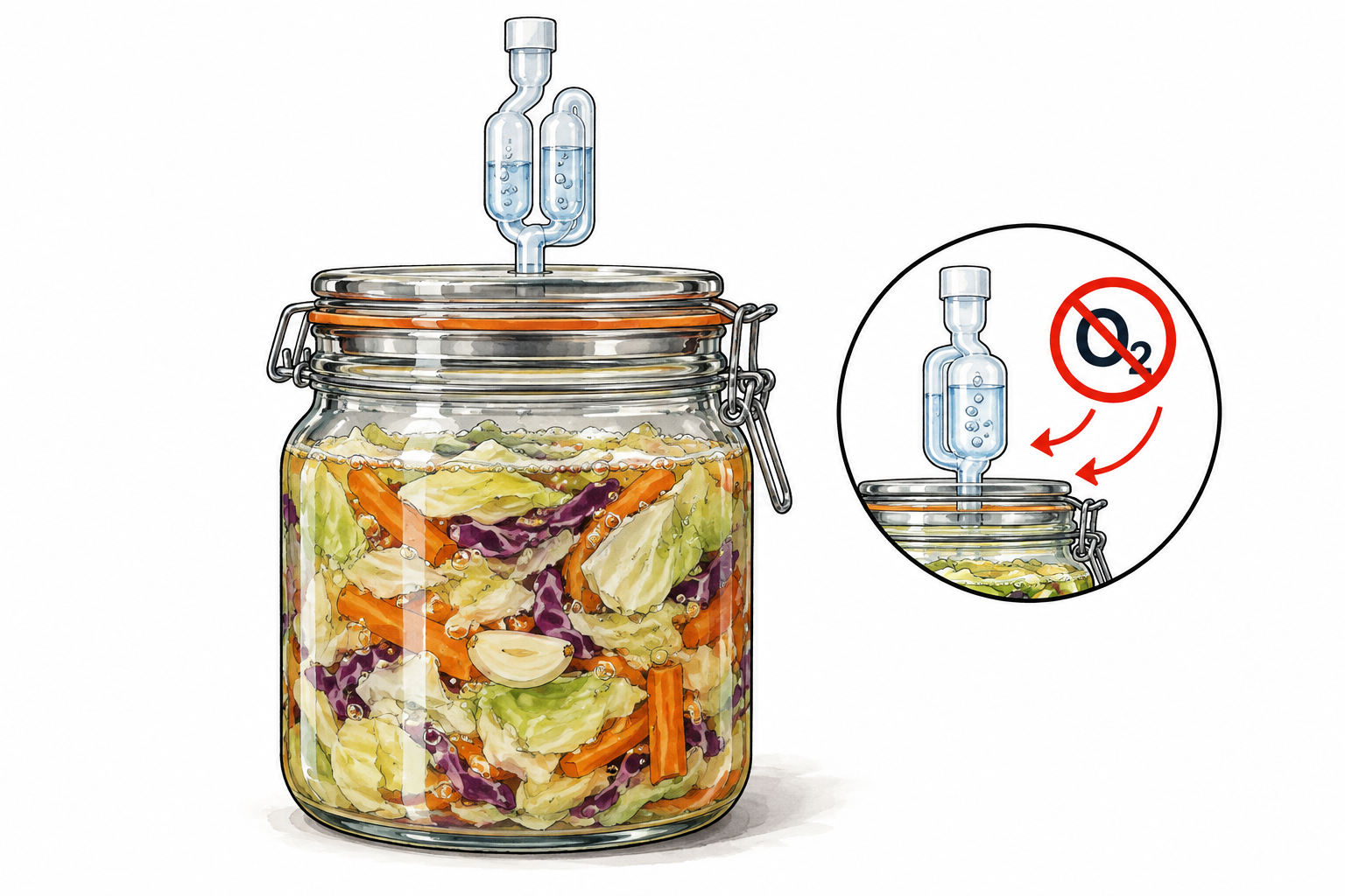 Sealed fermentation jar with bubbling vegetables under brine and airlock, anaerobic activity without oxygen; simple inset shows crossed-out O₂ symbol outside sealed vessel.