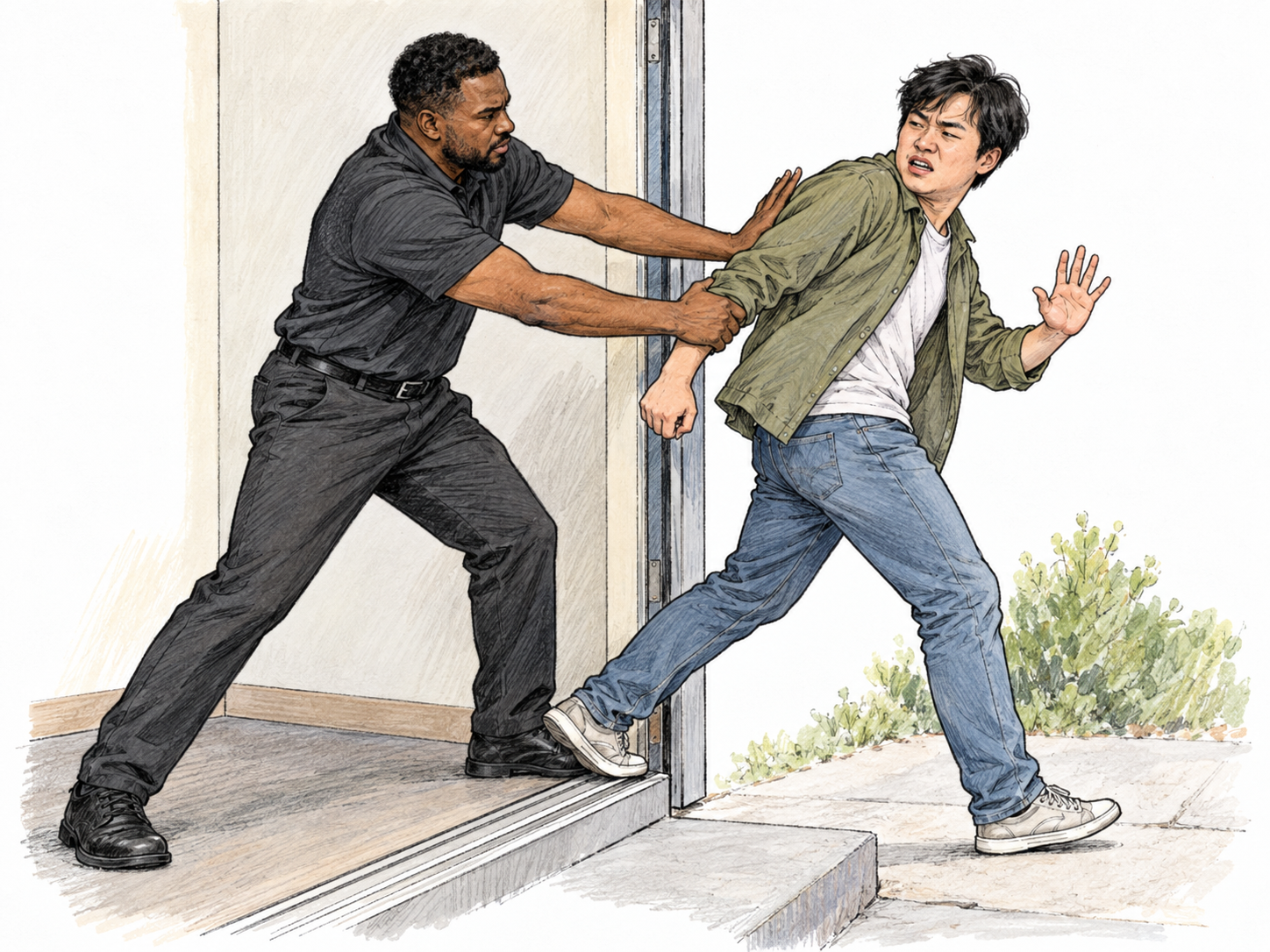 At an open building doorway, a staff member physically forces a resisting man across the threshold toward the outside.