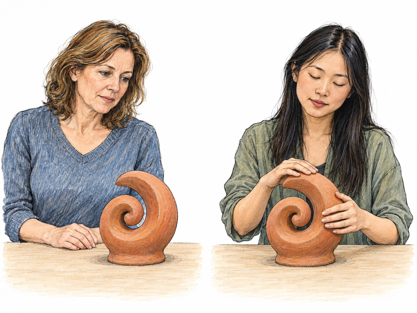 Two contrasting sensory ways of experiencing the same sculptural form: one woman examines a small sculpture visually, while another closes her eyes and explores an identical sculpture with her hands.