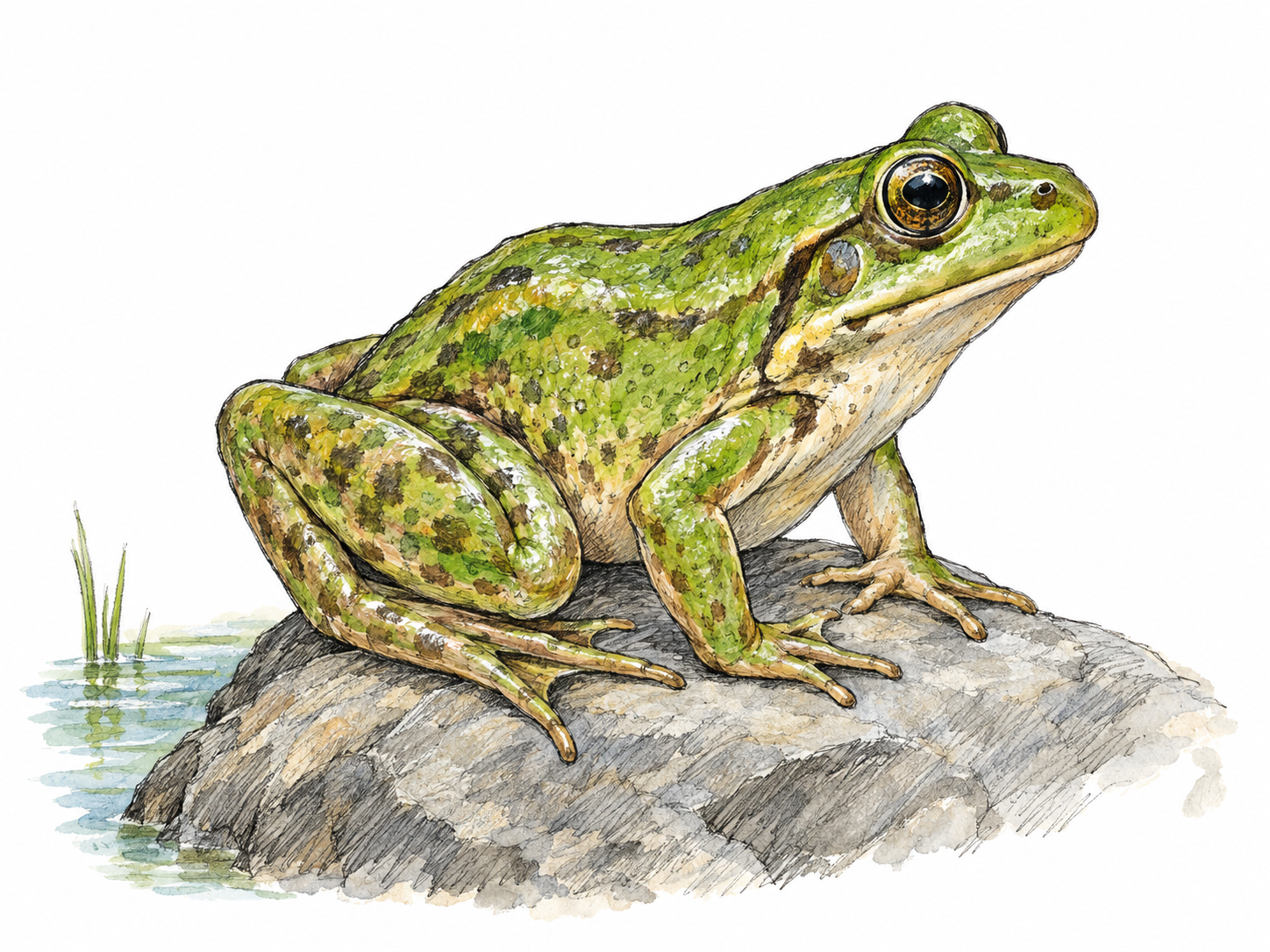 A single small frog crouches on a low stone, shown in three-quarter side view so its tailless body, short forelegs, and long folded hind legs are clearly visible.
