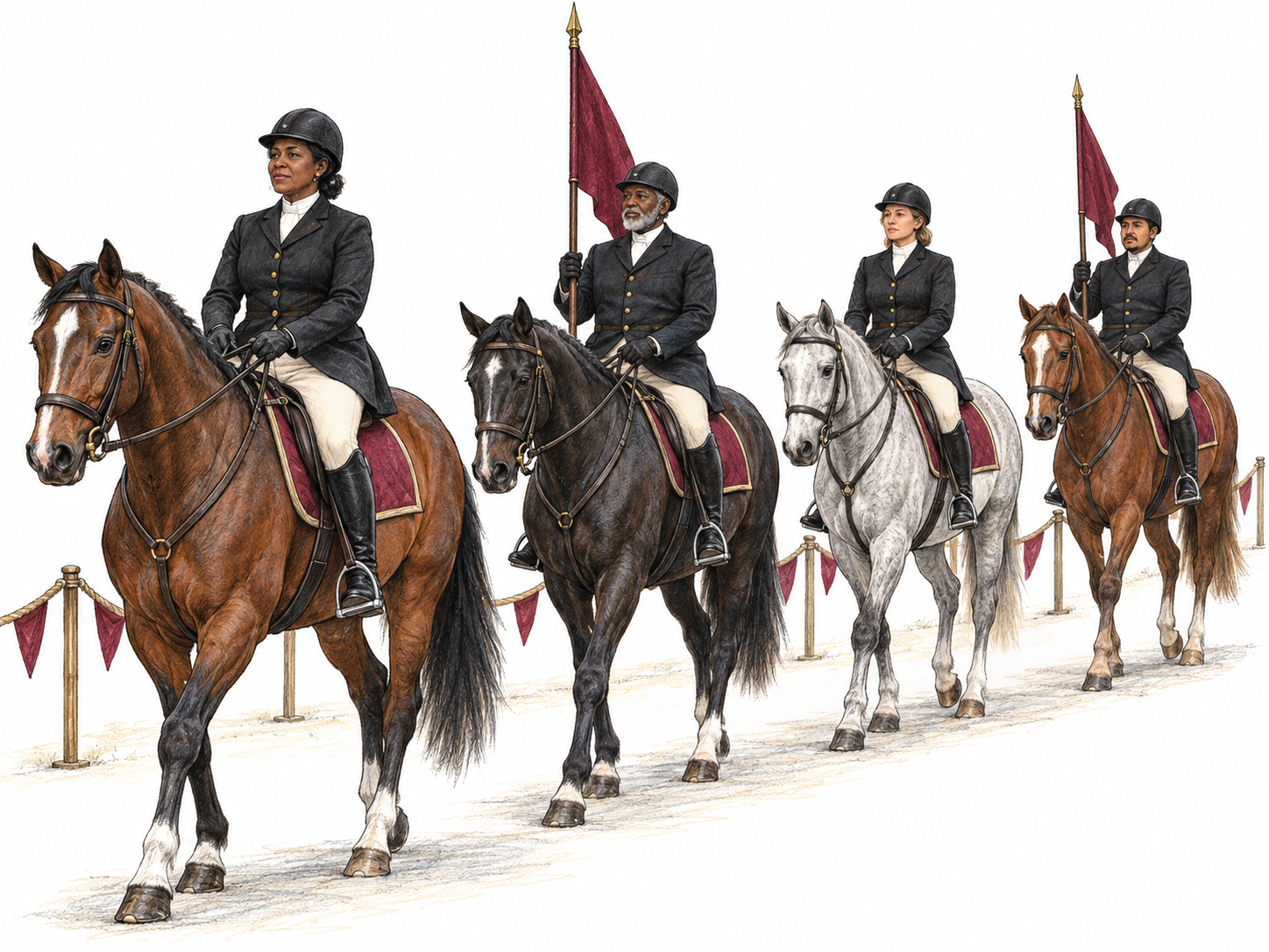 A ceremonial mounted procession: four formally dressed riders on groomed horses advance in an orderly line along a sparsely indicated parade route, with matching saddlecloths and upright pennants distinguishing the scene from a casual trail ride.