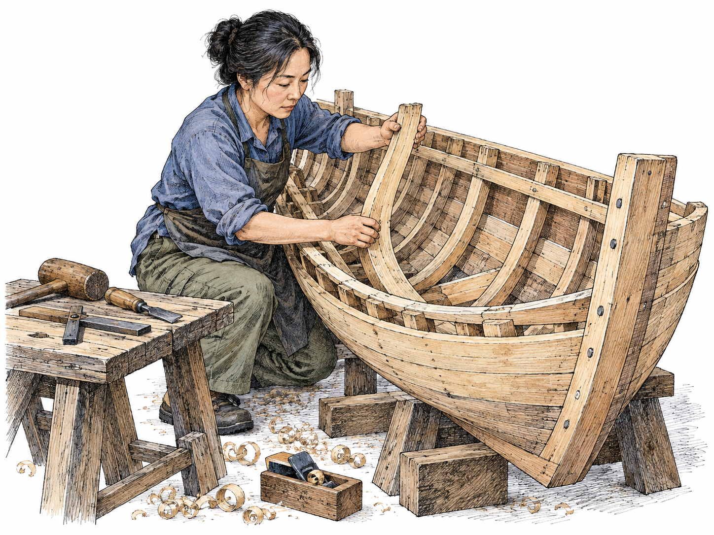 A shipwright carefully fits a shaped wooden rib into a small unfinished boat hull on supports, hand tools and frame construction clearly visible.