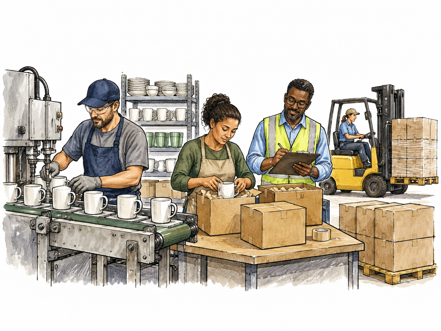 A small diverse manufacturing team oversees production and packing of household goods.