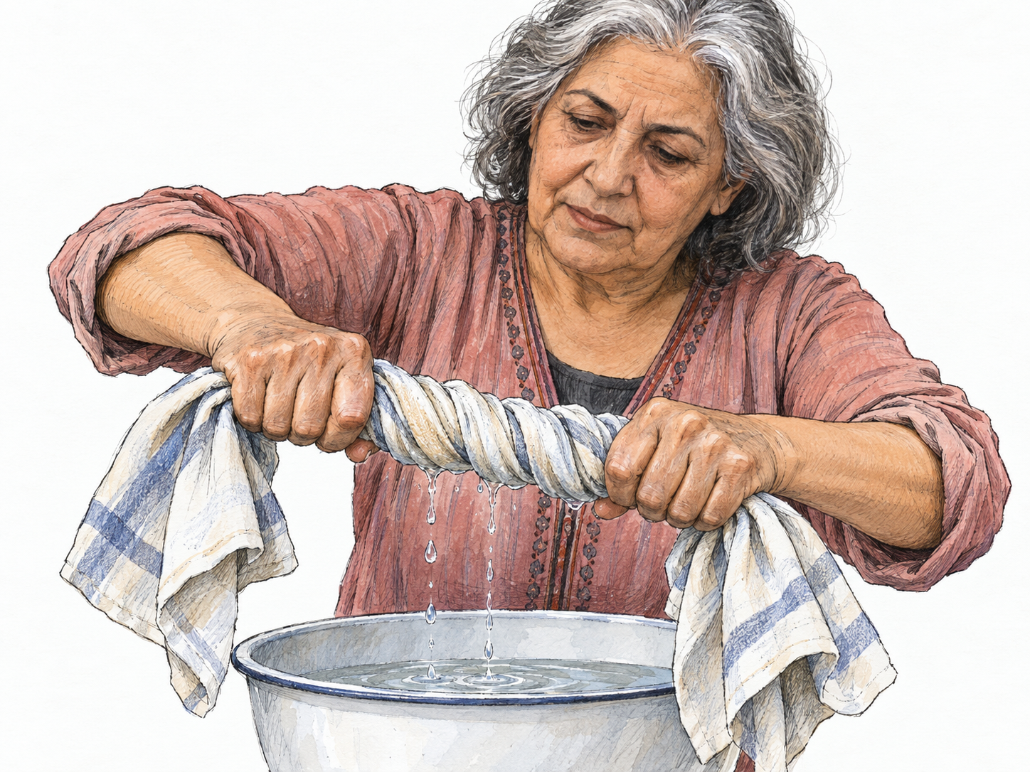 An older woman twists a damp cloth between both hands, with a clearly tightened spiral in the middle and water dripping beneath it.