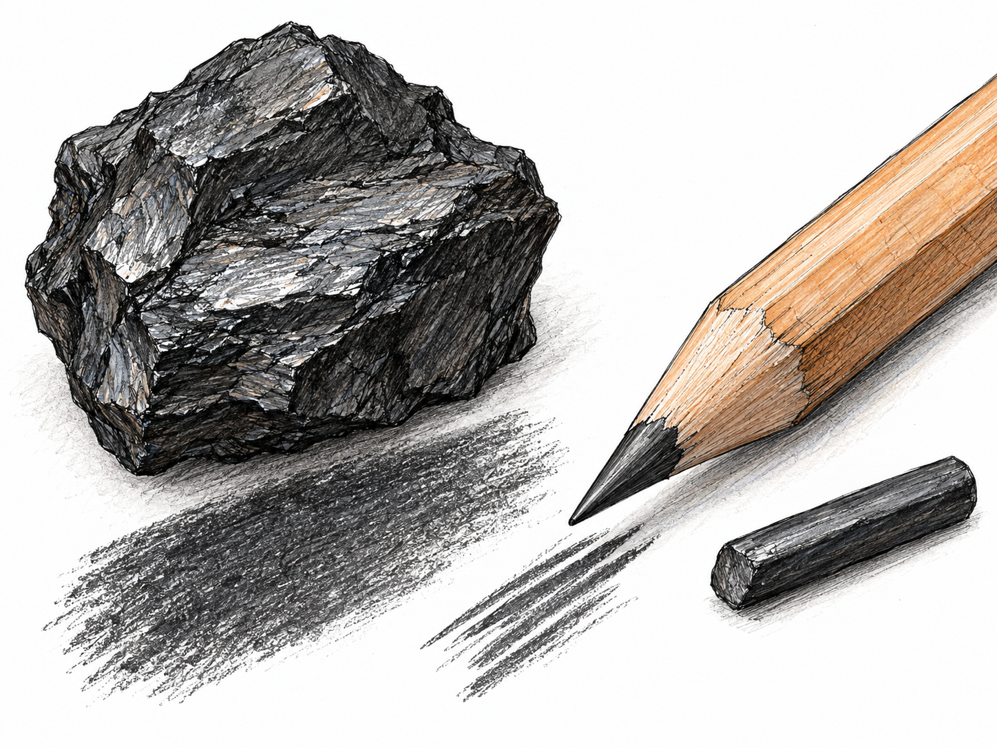 A dark, flaky graphite specimen beside a sharpened wooden pencil and exposed graphite core, with soft black rubbed streaks visibly connecting the material to pencil marks.