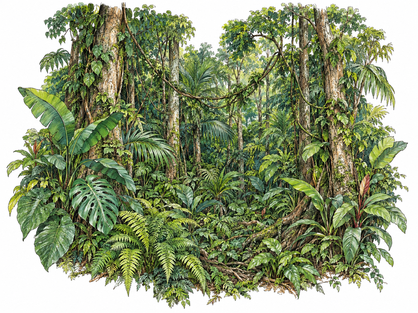 A compact tropical-forest vignette with closely packed trees, overlapping broad leaves, hanging lianas, and tangled undergrowth, making the density of the vegetation immediately visible.
