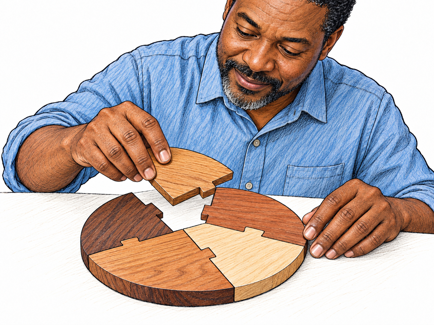 A man fits the last interlocking wooden section into a circular trivet, visibly combining distinct parts into one continuous, usable whole.