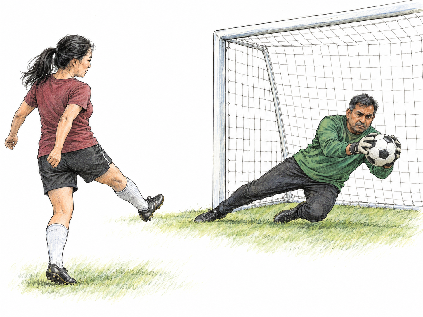 A goalkeeper stops an opponent's shot directly in front of the goal, visibly preventing her from scoring.
