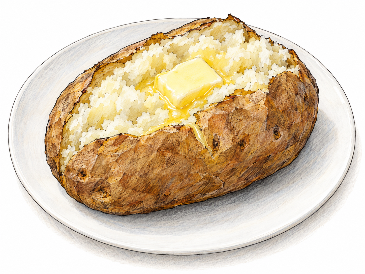 A large baked potato split open on a plain plate, exposing fluffy white flesh beneath its brown skin, with a small pat of melting butter.