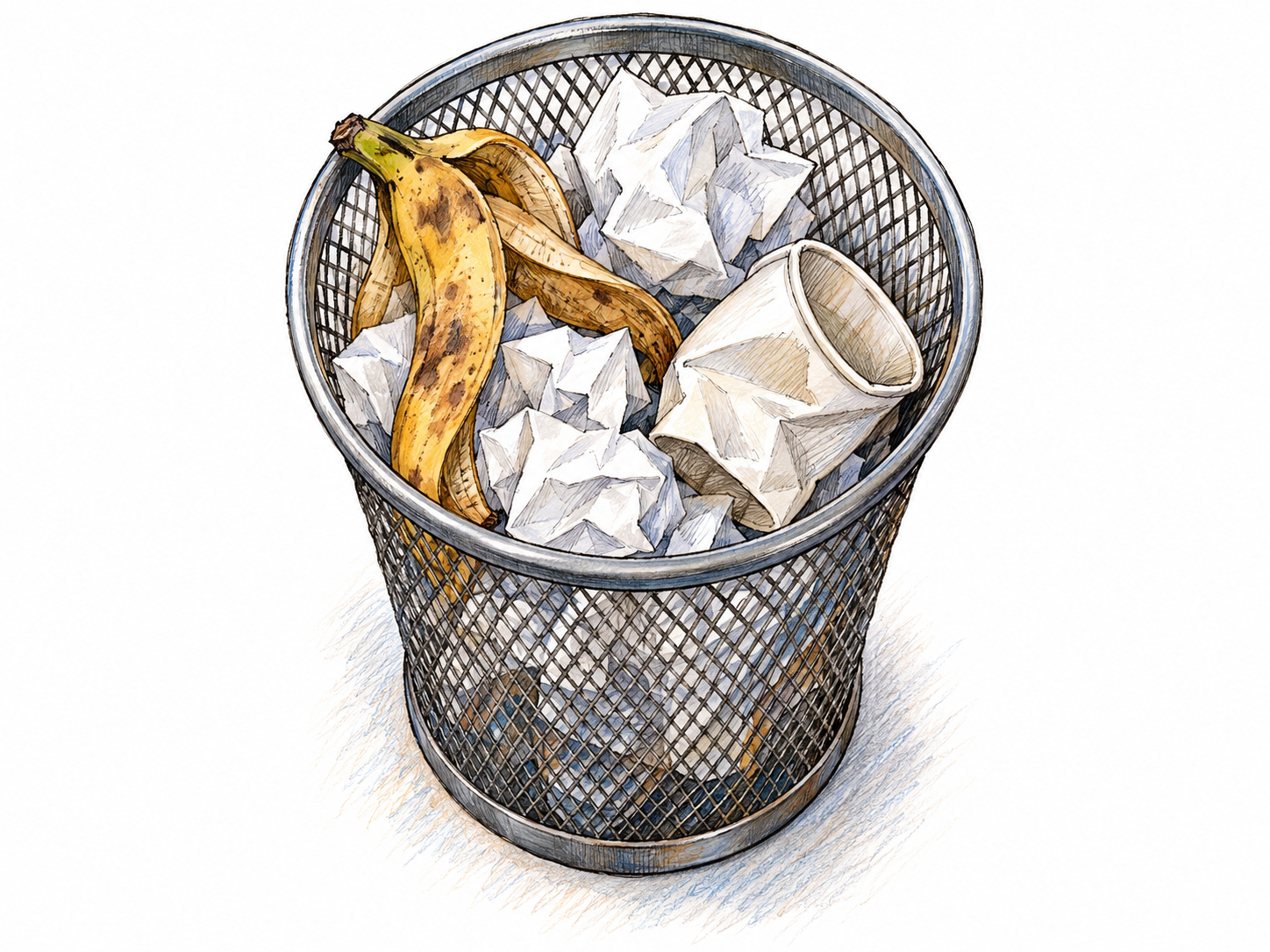 A small open wastebasket containing crumpled paper, a banana peel, and a crushed, unmarked paper cup, clearly showing discarded waste.