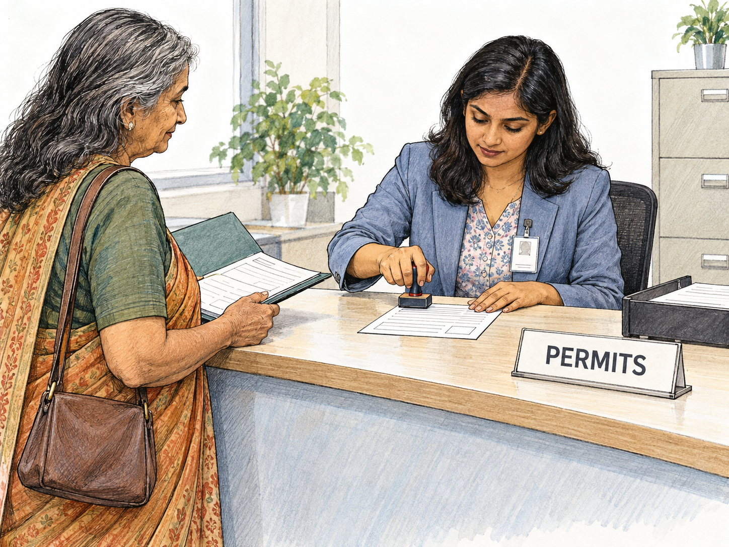 A government-service official processes an older visitor’s application across a public-service counter.