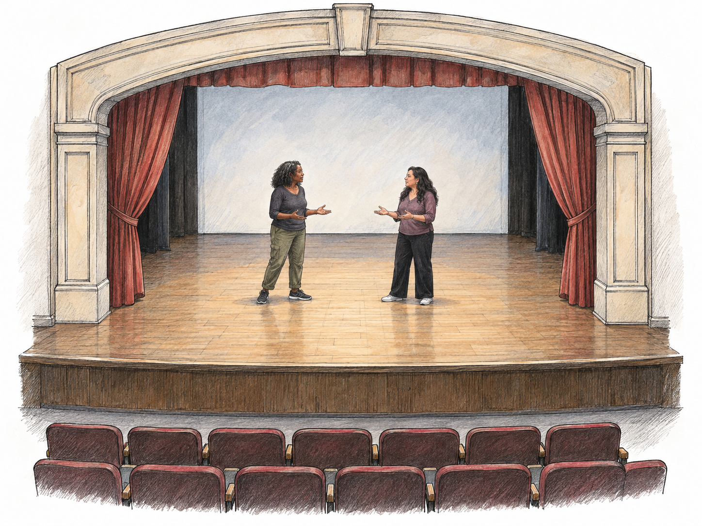 An audience-side view of a theater's broad proscenium arch enclosing the raised stage, with two performers inside the opening and empty auditorium seats in the foreground.
