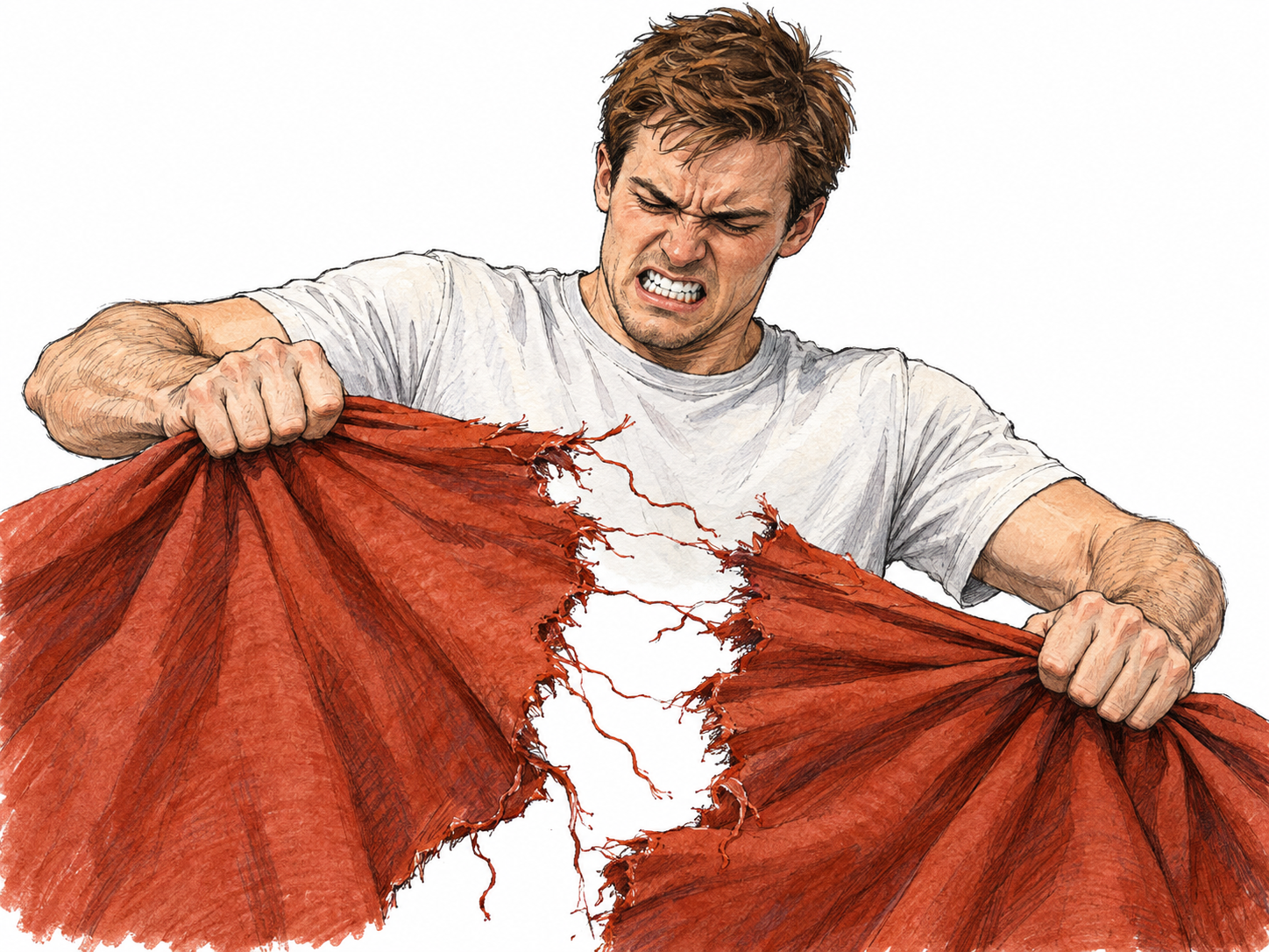 A man violently rips a sturdy cloth apart, pulling its two sides in opposite directions as a large jagged tear opens between his fists.