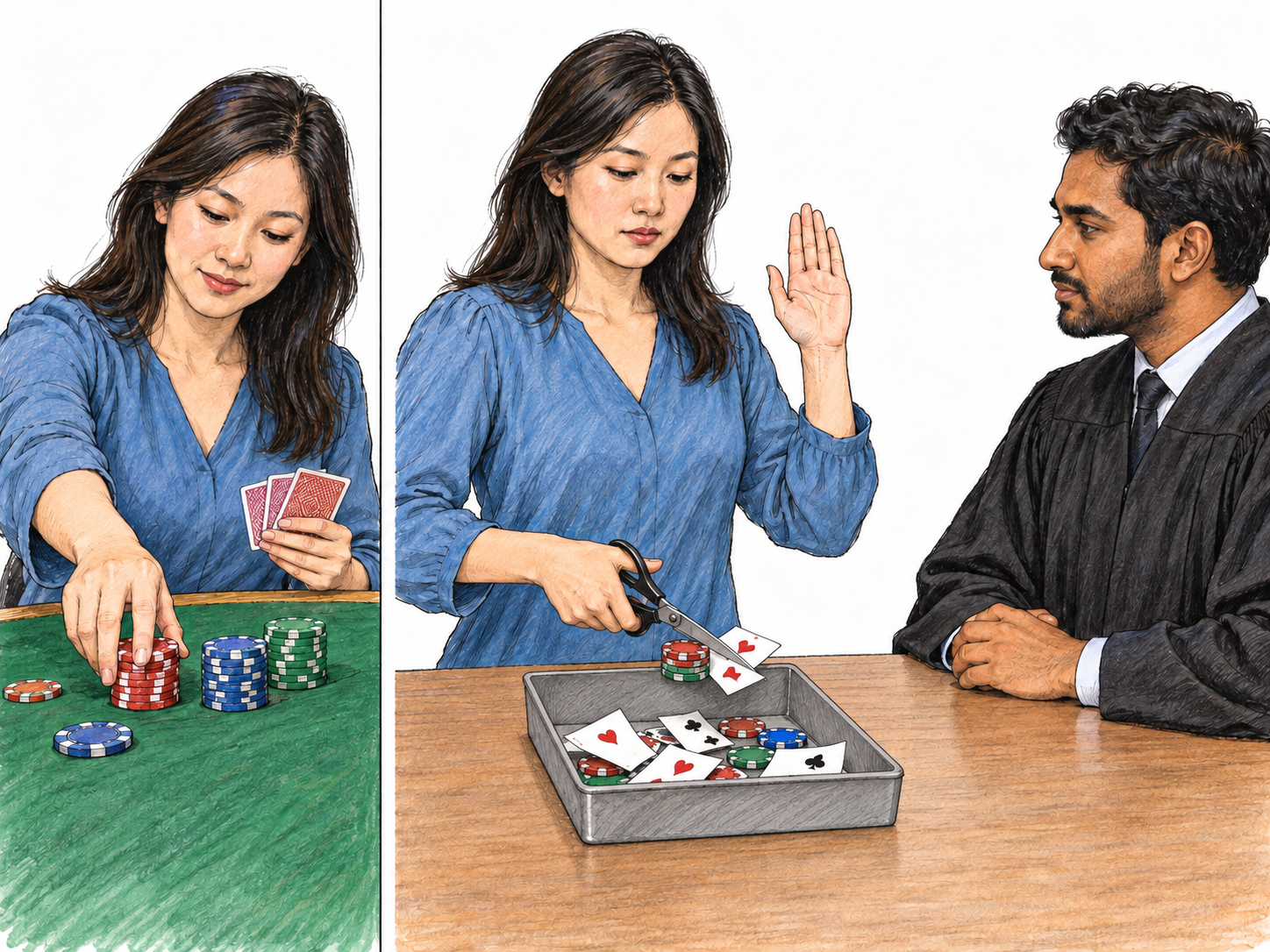 A compact before-and-renunciation diptych shows a woman giving up gambling through an emphatic, witnessed oath: first actively wagering, then cutting up her playing cards while raising her other hand before a judicial witness.